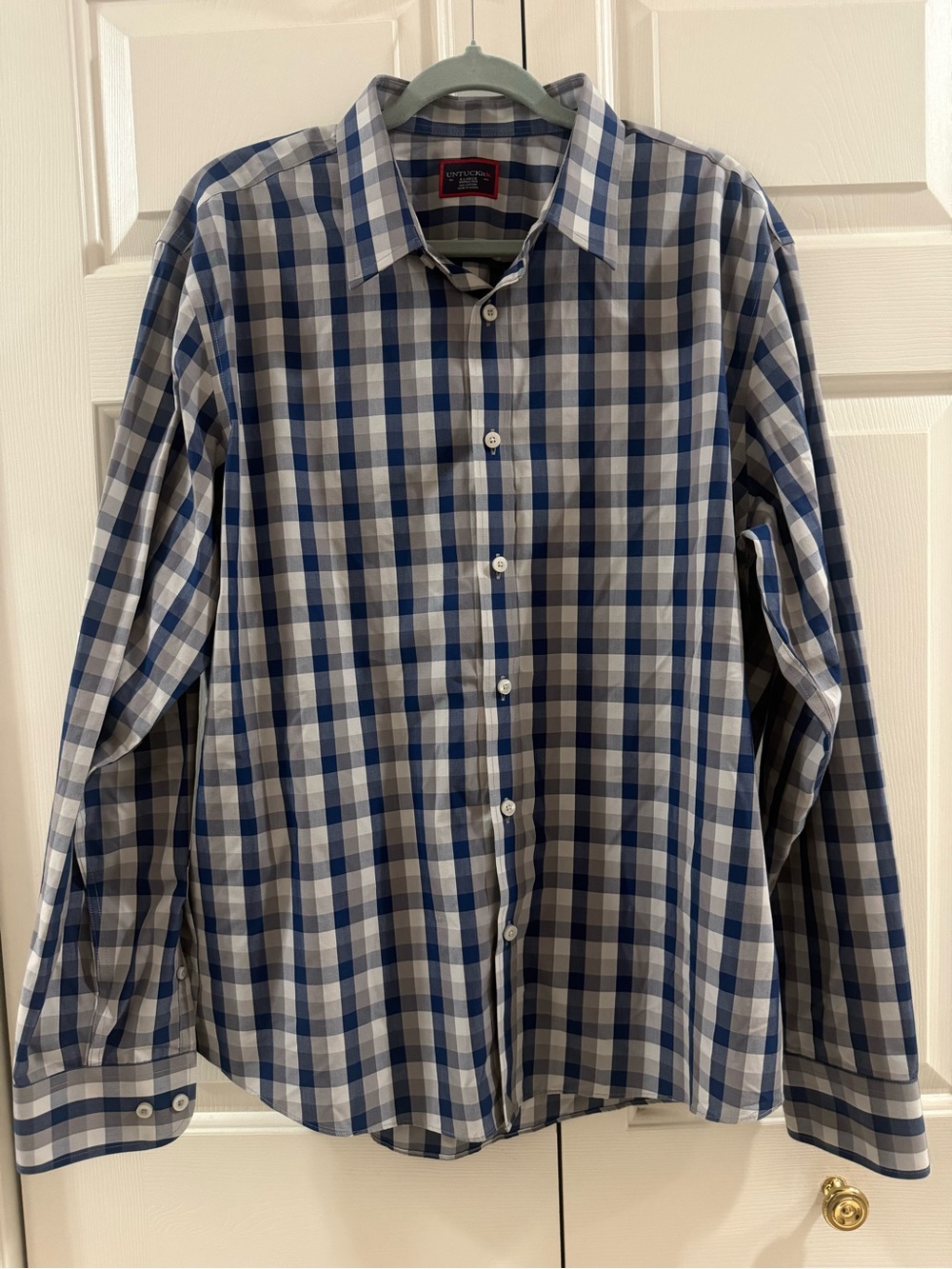 UNTUCKit Pomerol WF XL Blue Gray Plaid Check Shirt Wrinkle Free 100% Cotton
